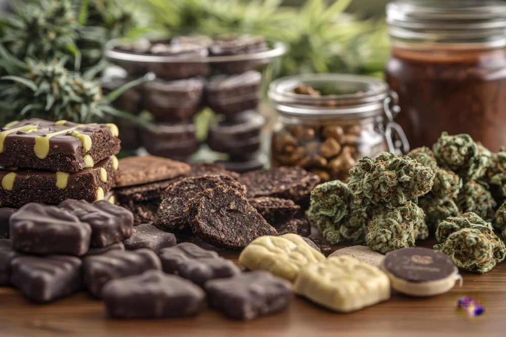 Assortment of Cannabis Edibles and Products in a Rustic Setting with Natural Background