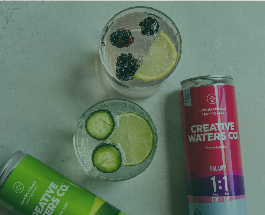 Cannabis infused beverages in 2 glasses and cans on a white background