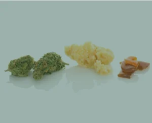 Image of cannabis flower, THC wax and THC rosin on a white background